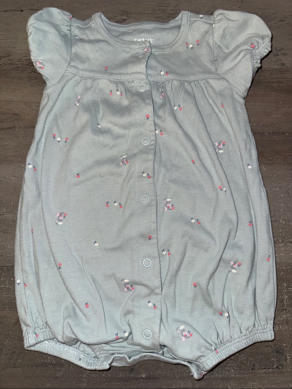 Carter's Light Blue Short Sleeve Button Up Romper with Pink & White Floral Dots